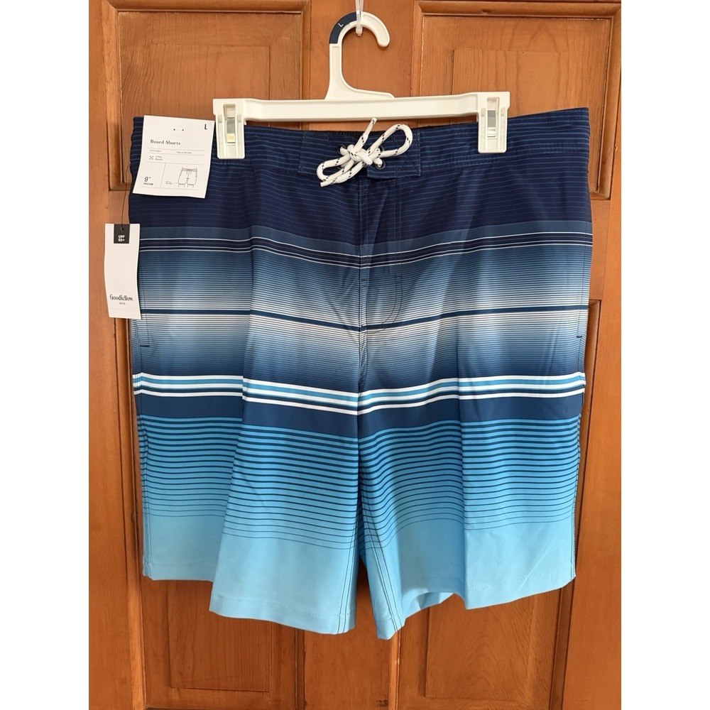 Men's Goodfellow 9" Inseam Blue Striped Board Shorts Swim Trunks Size Large NWT